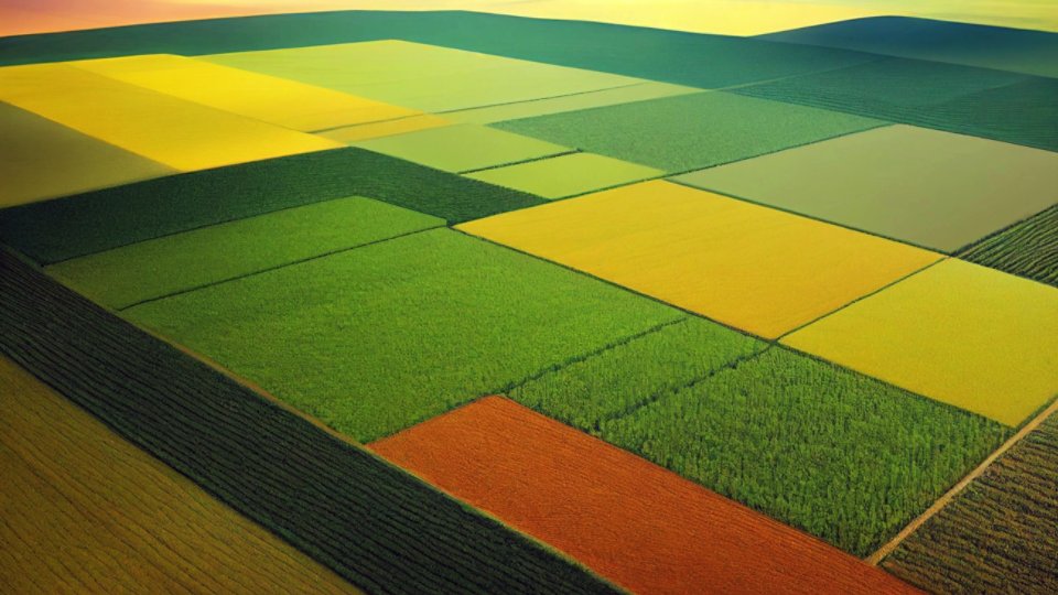 Aerial drone image of fields with diverse crop growth based on principle of polyculture and permaculture - a healthy farming method of ecosystem. Generative AI